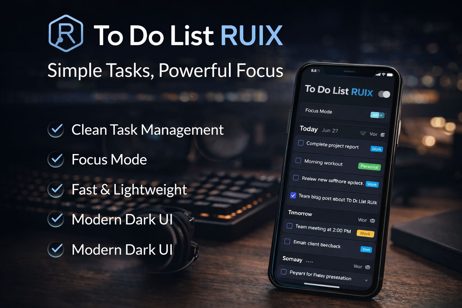 To Do List RUIX productivity app with clean task management and focus mode interface