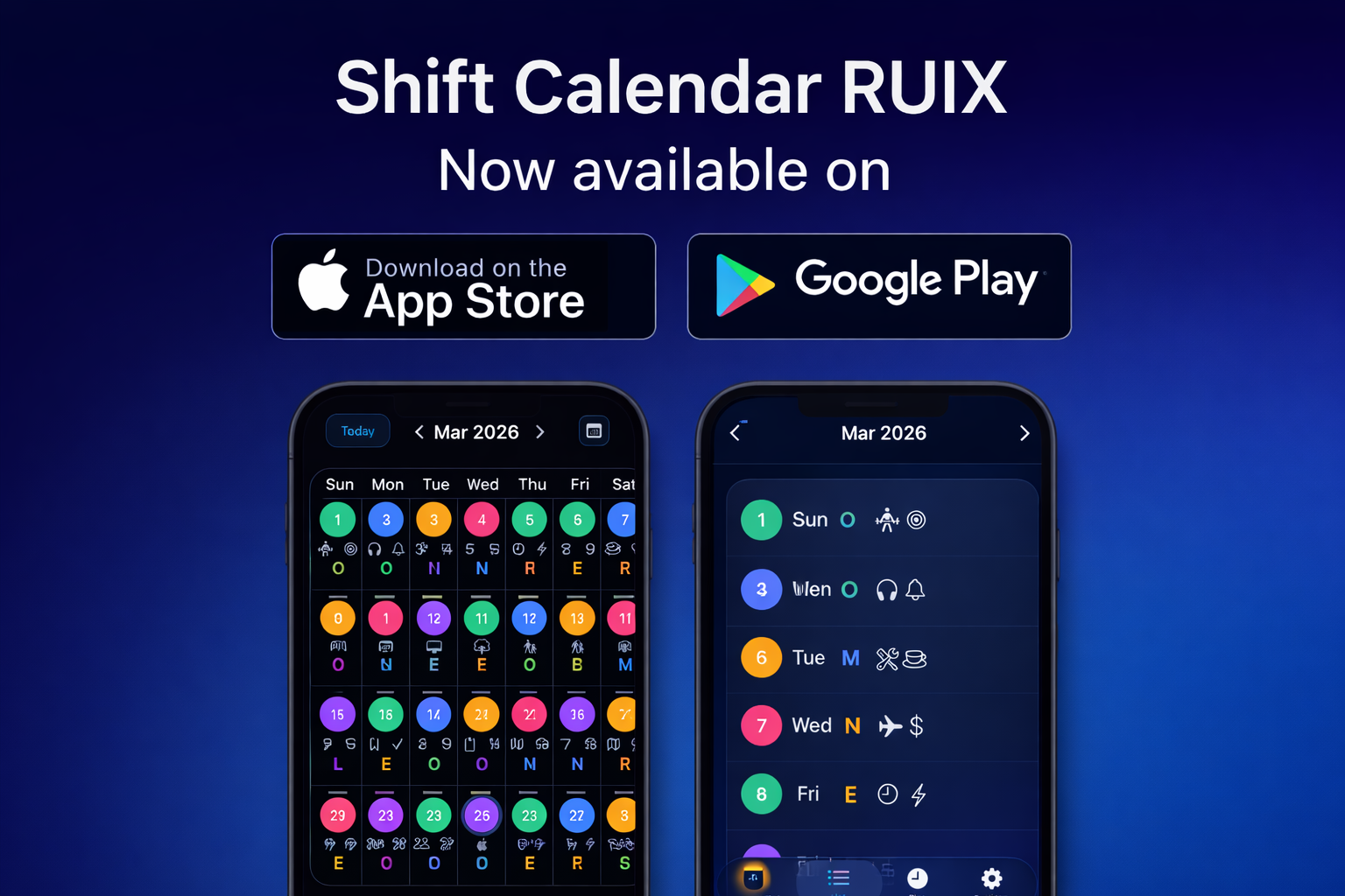 Shift Calendar RUIX app promotion image showing availability on the App Store and Google Play with app screenshots.