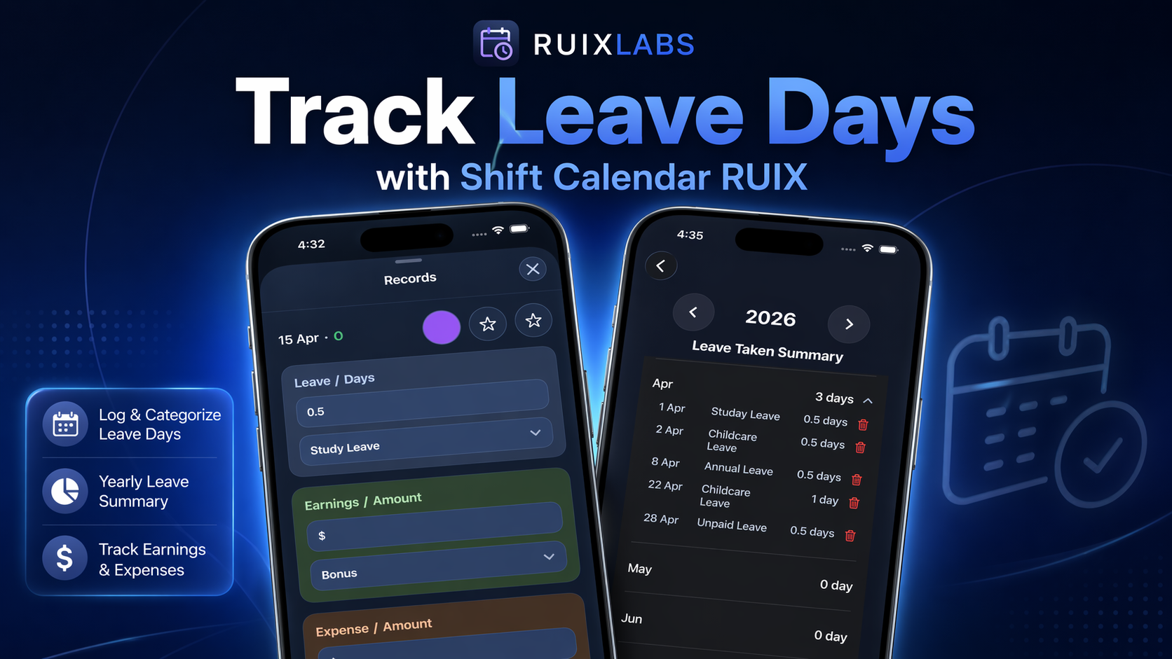 Track Leave Days with Shift Calendar RUIX app showing leave entry screen and yearly leave summary.
