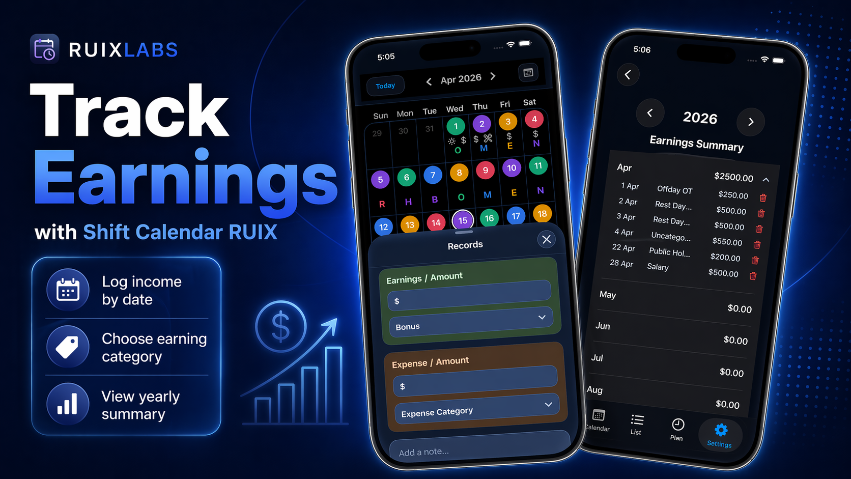 Track Earnings with Shift Calendar RUIX app showing income entry screen and yearly earnings summary.