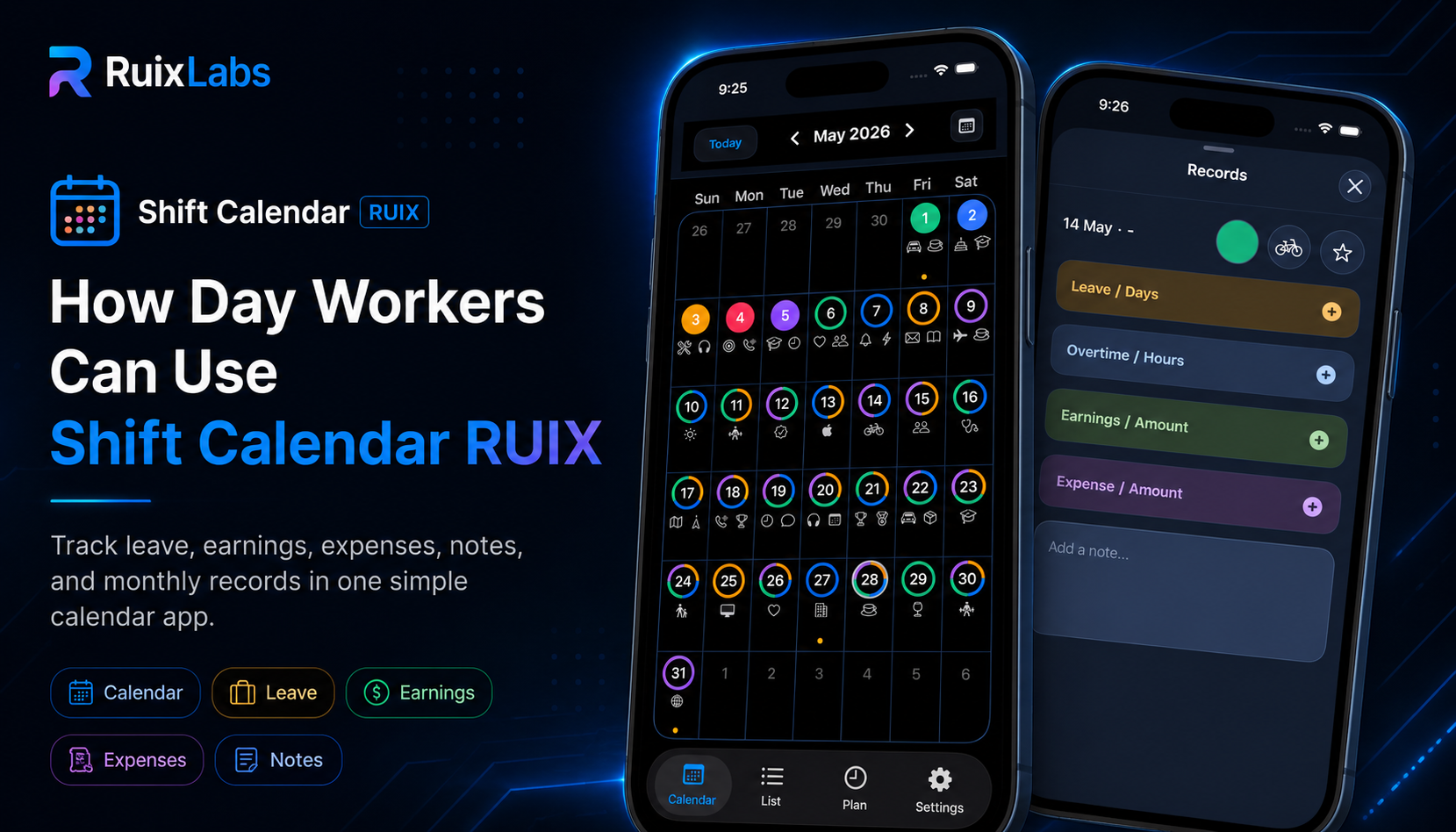 Shift Calendar RUIX app showing calendar, records, leave, earnings, expenses, notes, and monthly summary features for day workers.