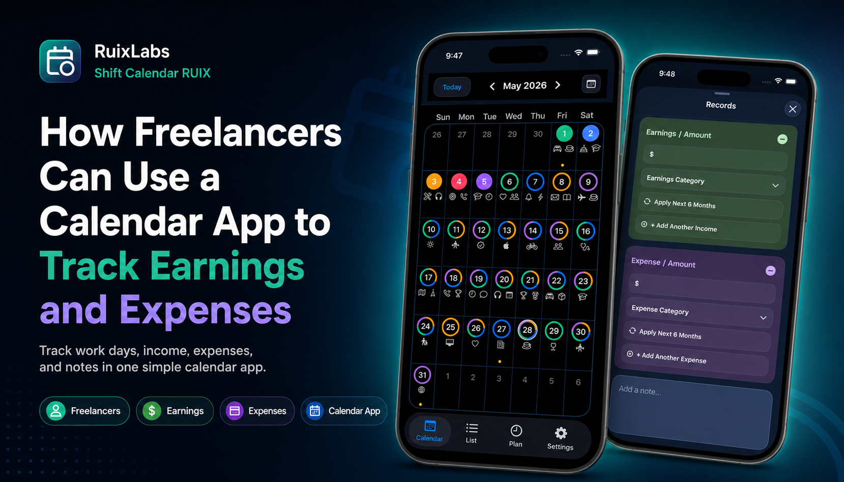 Shift Calendar RUIX app showing calendar and records page for freelancers to track earnings, expenses, notes, and monthly summaries.