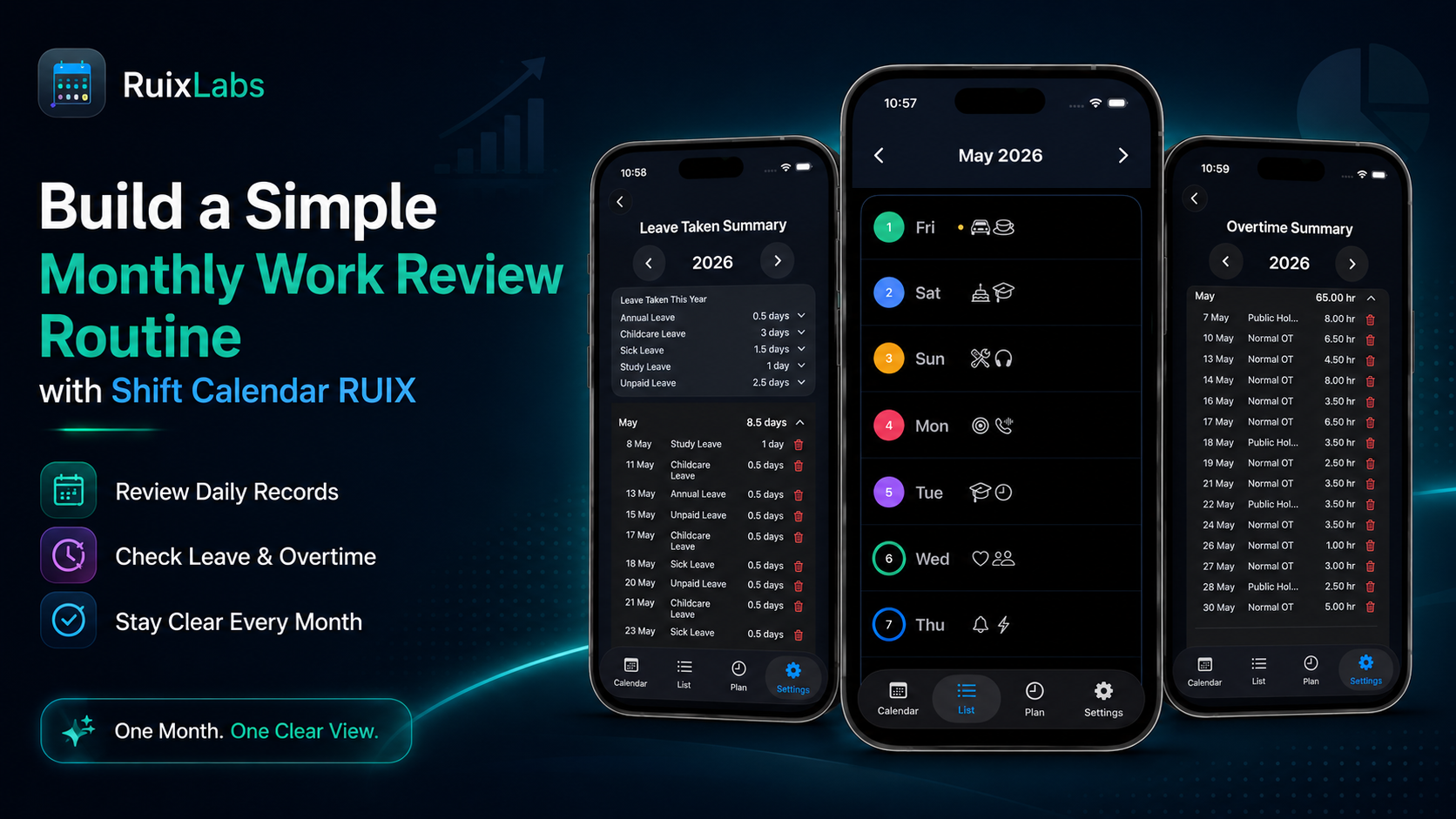 Shift Calendar RUIX app showing list records, leave taken summary, and overtime summary for a simple monthly work review routine.