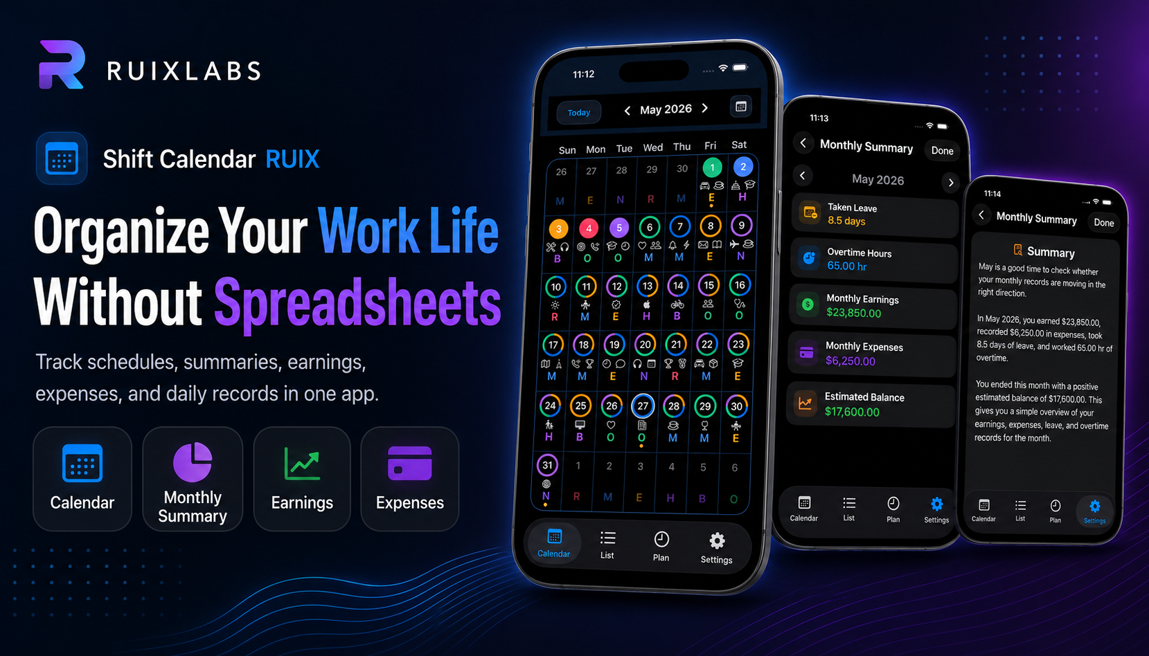 Shift Calendar RUIX app showing calendar and summary features for organizing work schedules, leave, overtime, earnings, and expenses without spreadsheets.