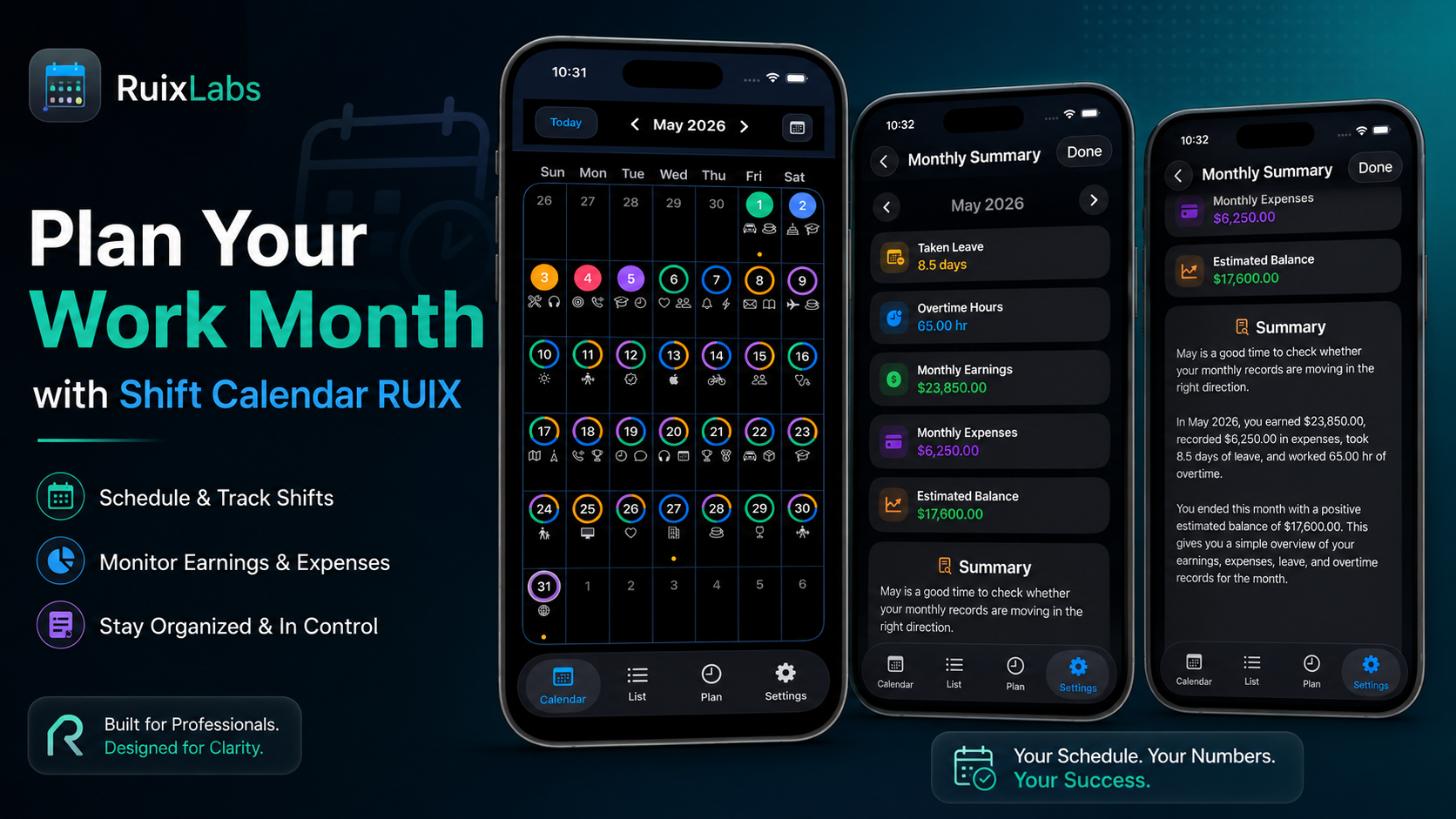 Shift Calendar RUIX app showing calendar view and monthly summary for planning a work month, including leave, overtime, earnings, expenses, and estimated balance.