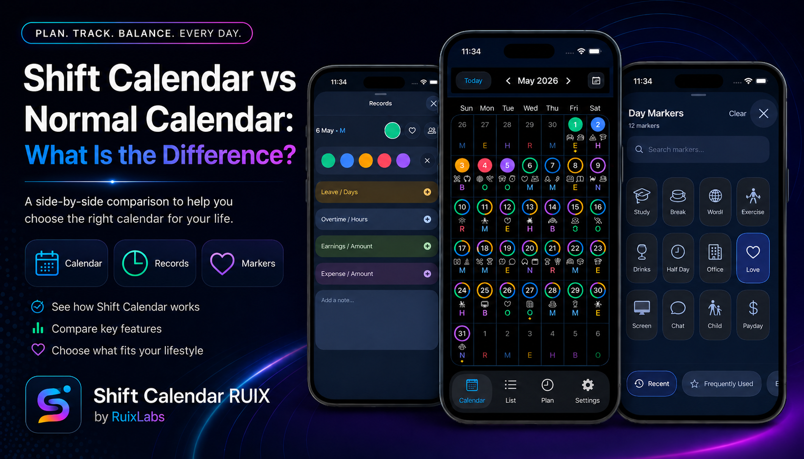 Shift Calendar RUIX app showing calendar view, list view, work schedule records, leave, overtime, earnings, expenses, and monthly summary features.