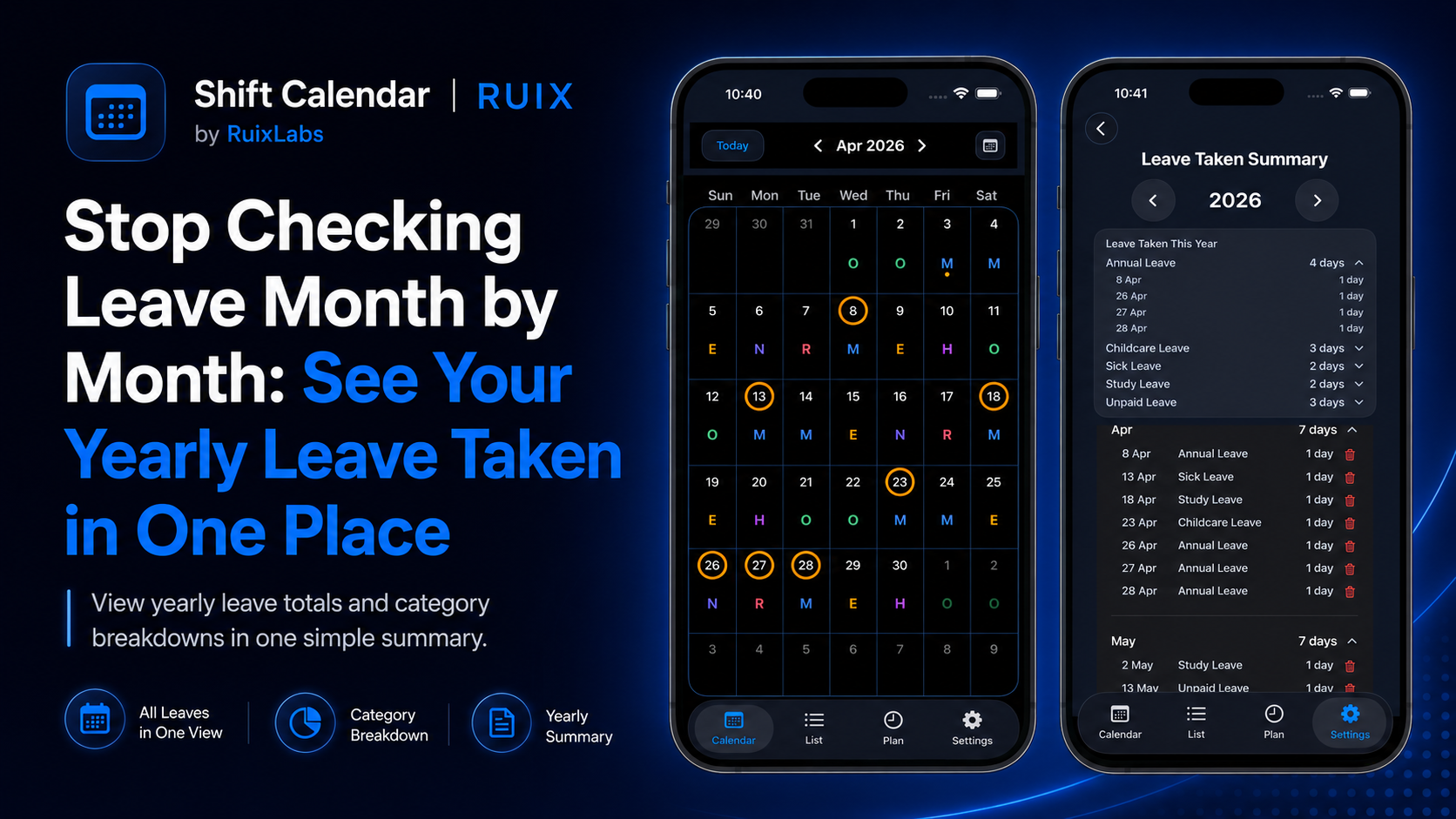 Shift Calendar RUIX yearly leave taken summary showing leave categories and monthly leave records in one place