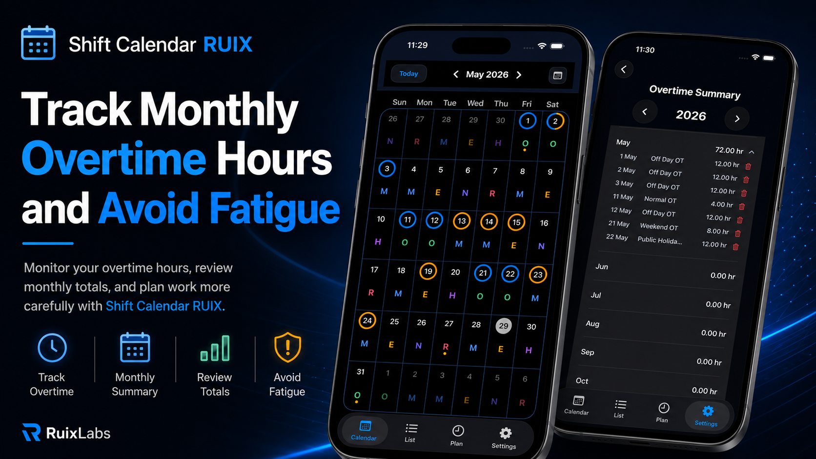 Shift Calendar RUIX overtime summary showing monthly overtime hours and calendar records to help track overtime and avoid fatigue.