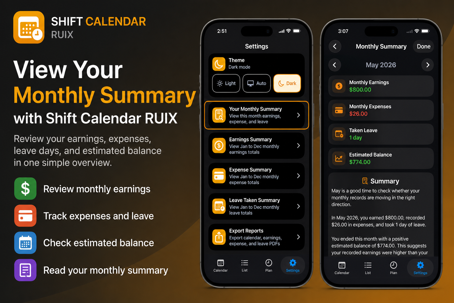 View Monthly Summary in Shift Calendar RUIX app showing monthly earnings, expenses, leave, estimated balance, and summary records.