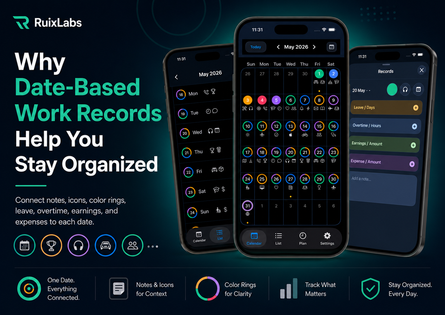 Shift Calendar RUIX app showing date-based work records with icons, color rings, calendar view, list page, leave, overtime, earnings, expenses, and notes connected to each date.