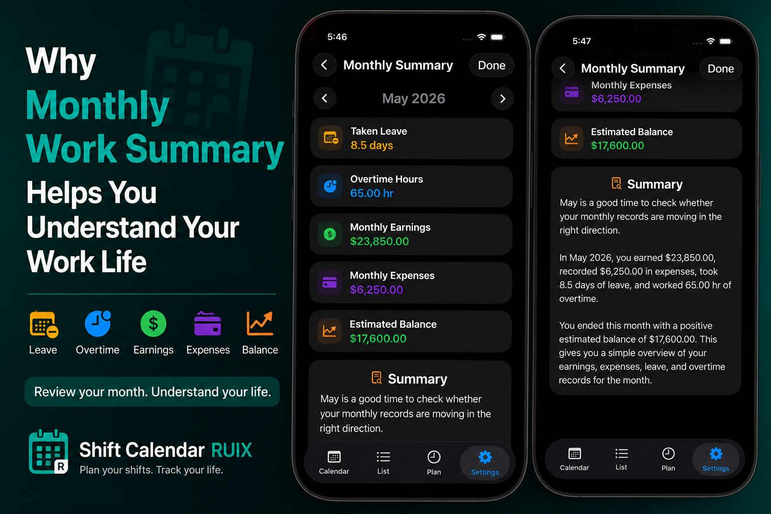 Shift Calendar RUIX app showing monthly summary with leave, overtime, earnings, expenses, and estimated balance.