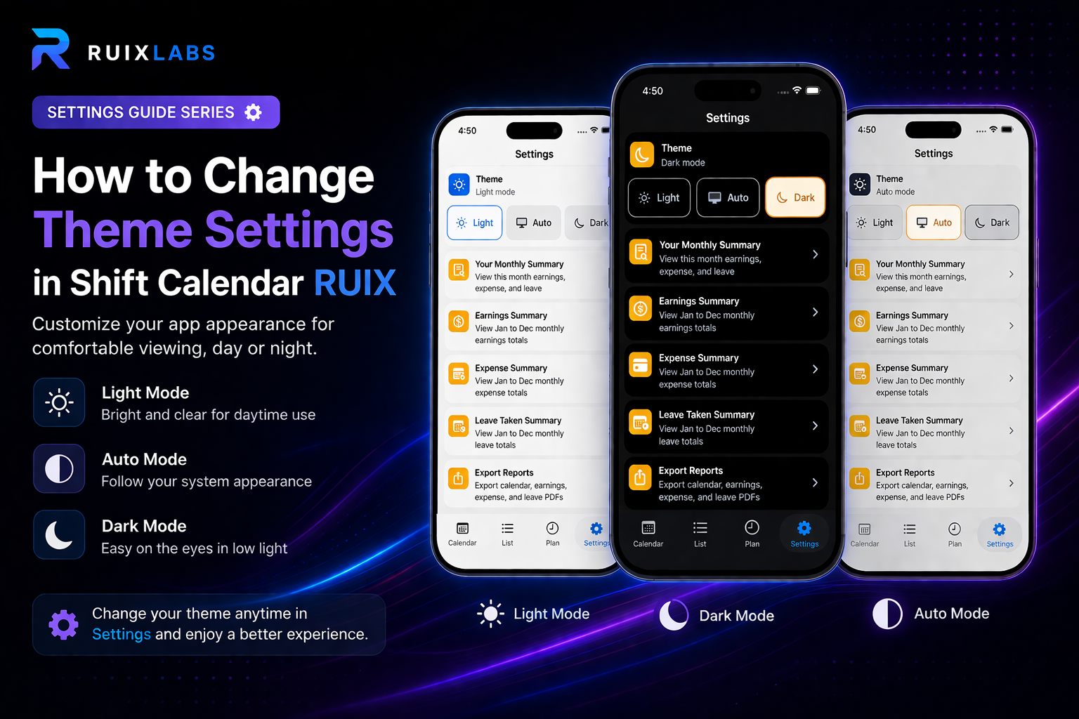Change Theme Settings in Shift Calendar RUIX app showing Light, Dark, and Auto mode options.