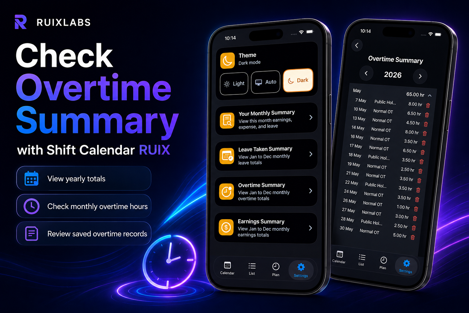 Overtime Summary screen in Shift Calendar RUIX showing monthly overtime totals and detailed overtime records