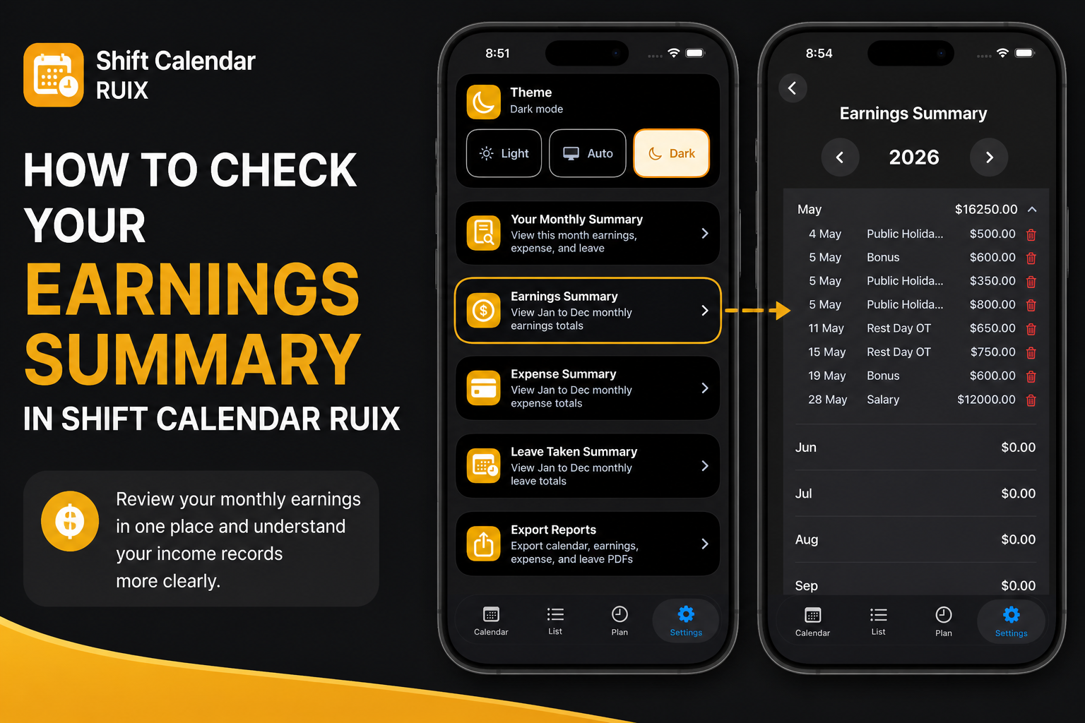 Check Your Earnings Summary in Shift Calendar RUIX app showing the Settings Page and Earnings Summary page.