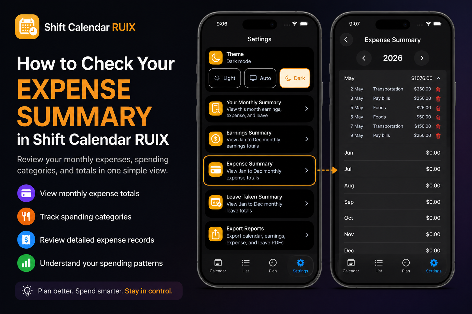 Check Your Expense Summary in Shift Calendar RUIX app showing the Settings Page and Expense Summary page.