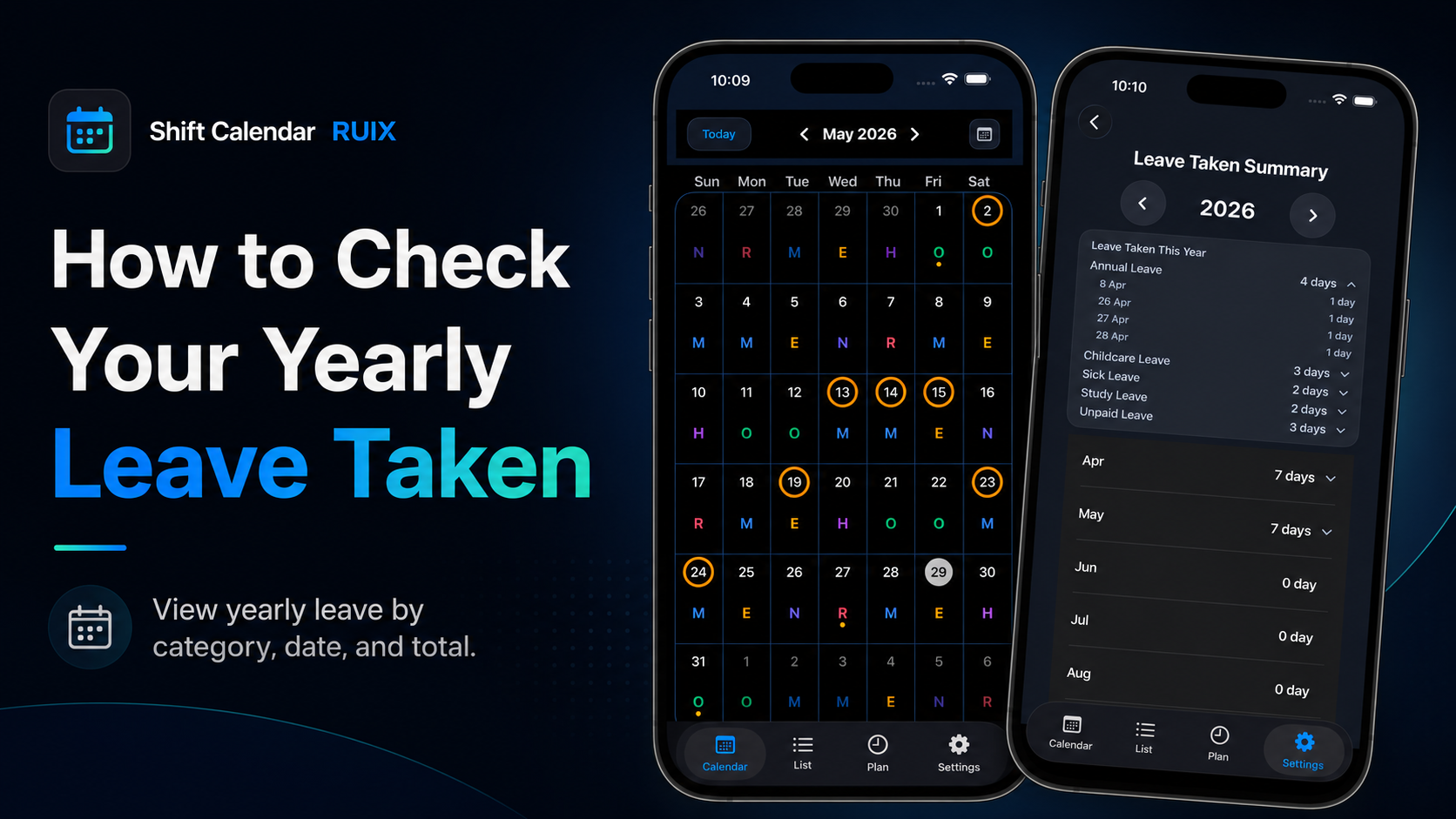 Yearly leave taken summary in Shift Calendar RUIX app