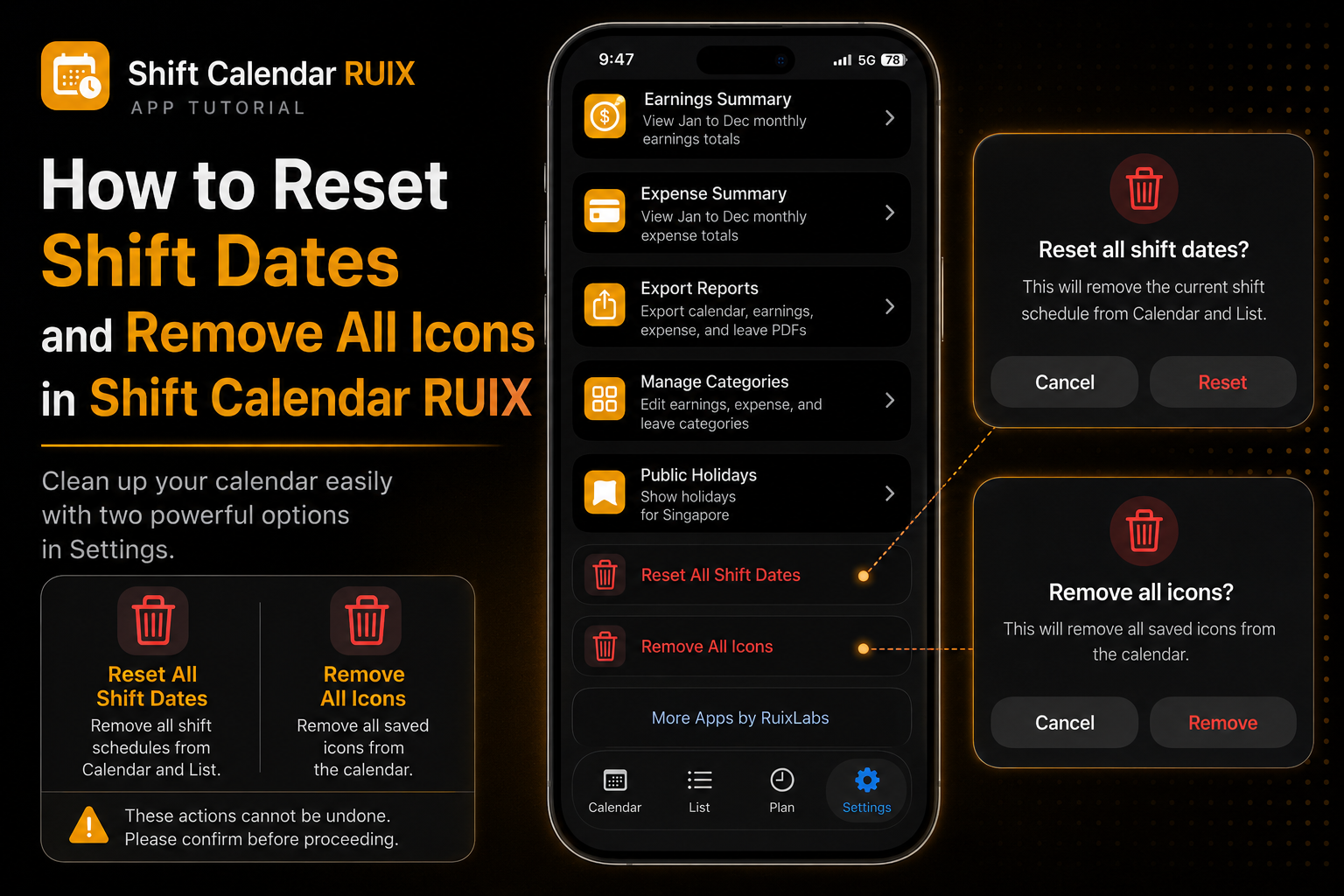 How to reset shift dates and remove all icons in Shift Calendar RUIX
