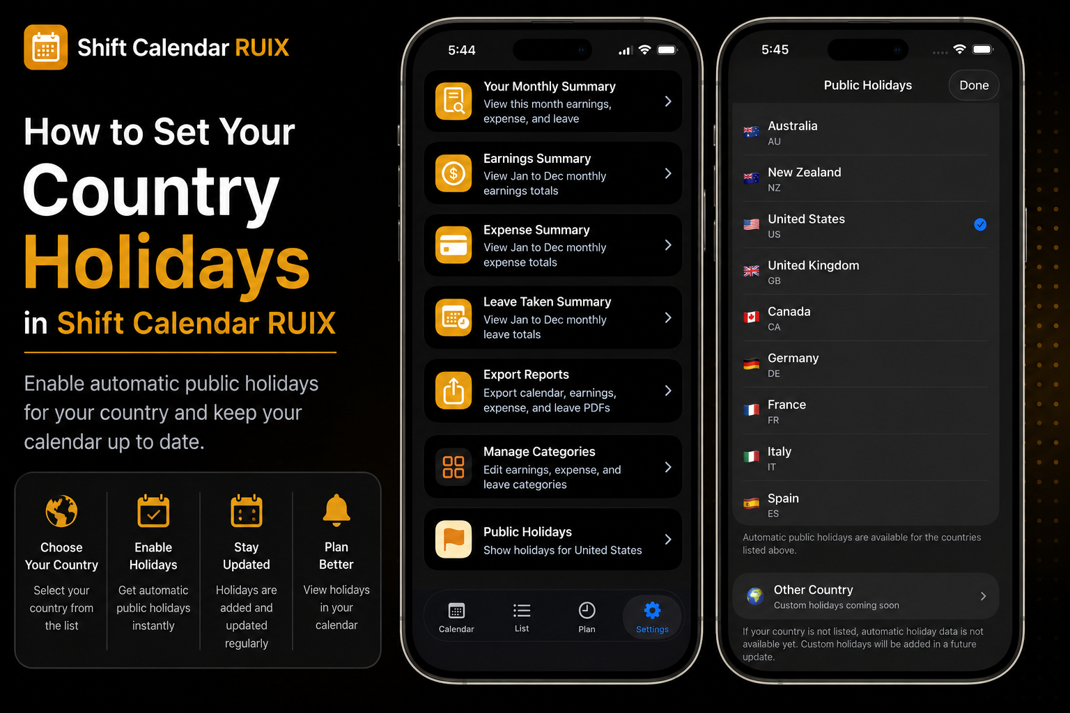 How to set your country holidays in Shift Calendar RUIX