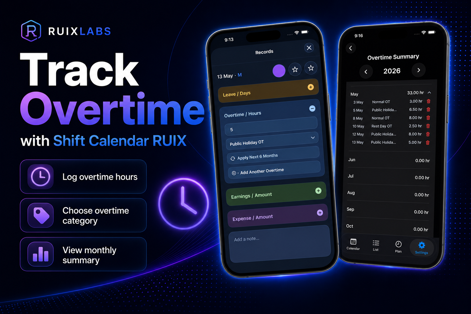 Track overtime in Shift Calendar RUIX using the Records page and Overtime Summary