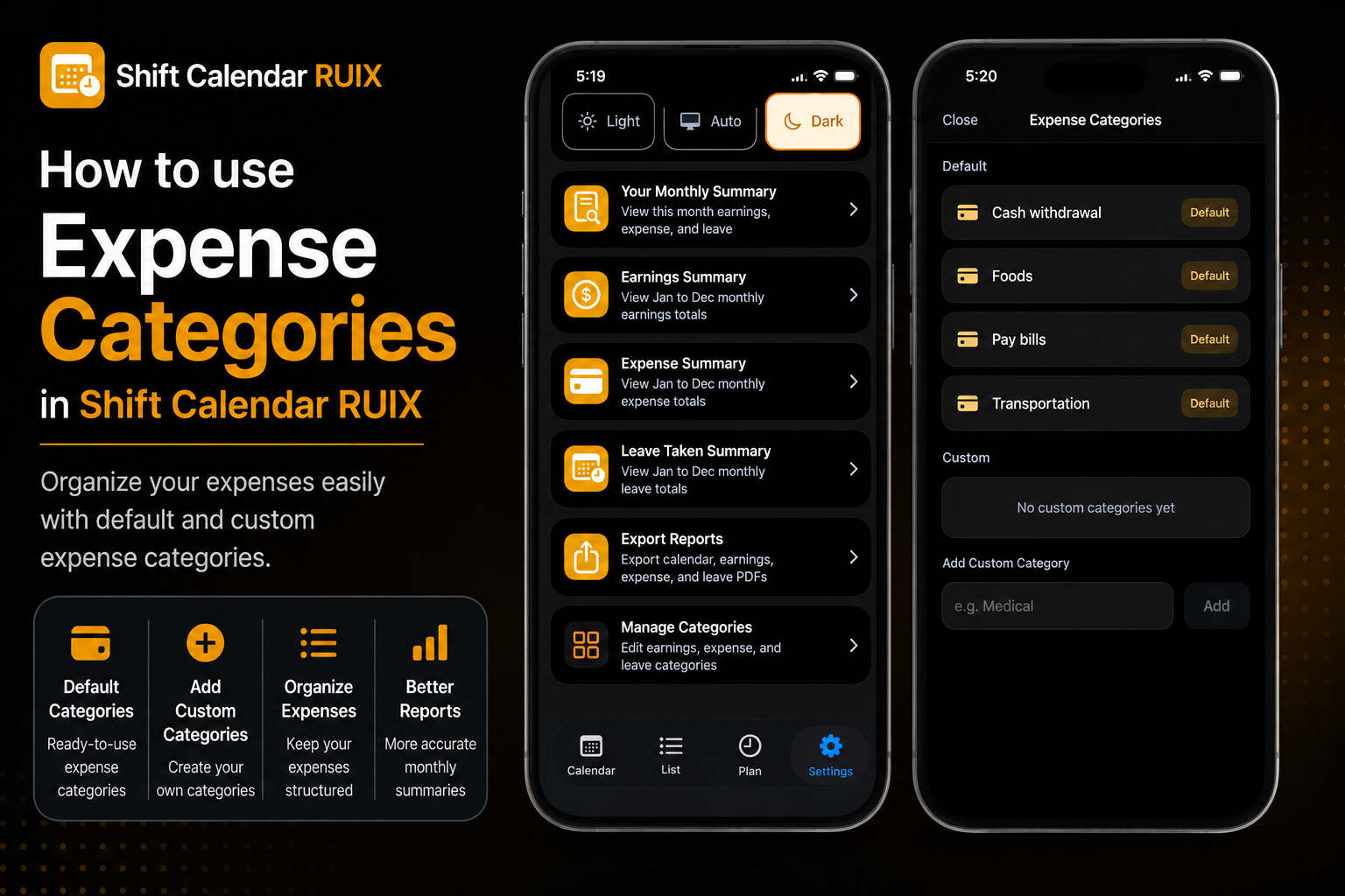 How to use Expense Categories in Shift Calendar RUIX