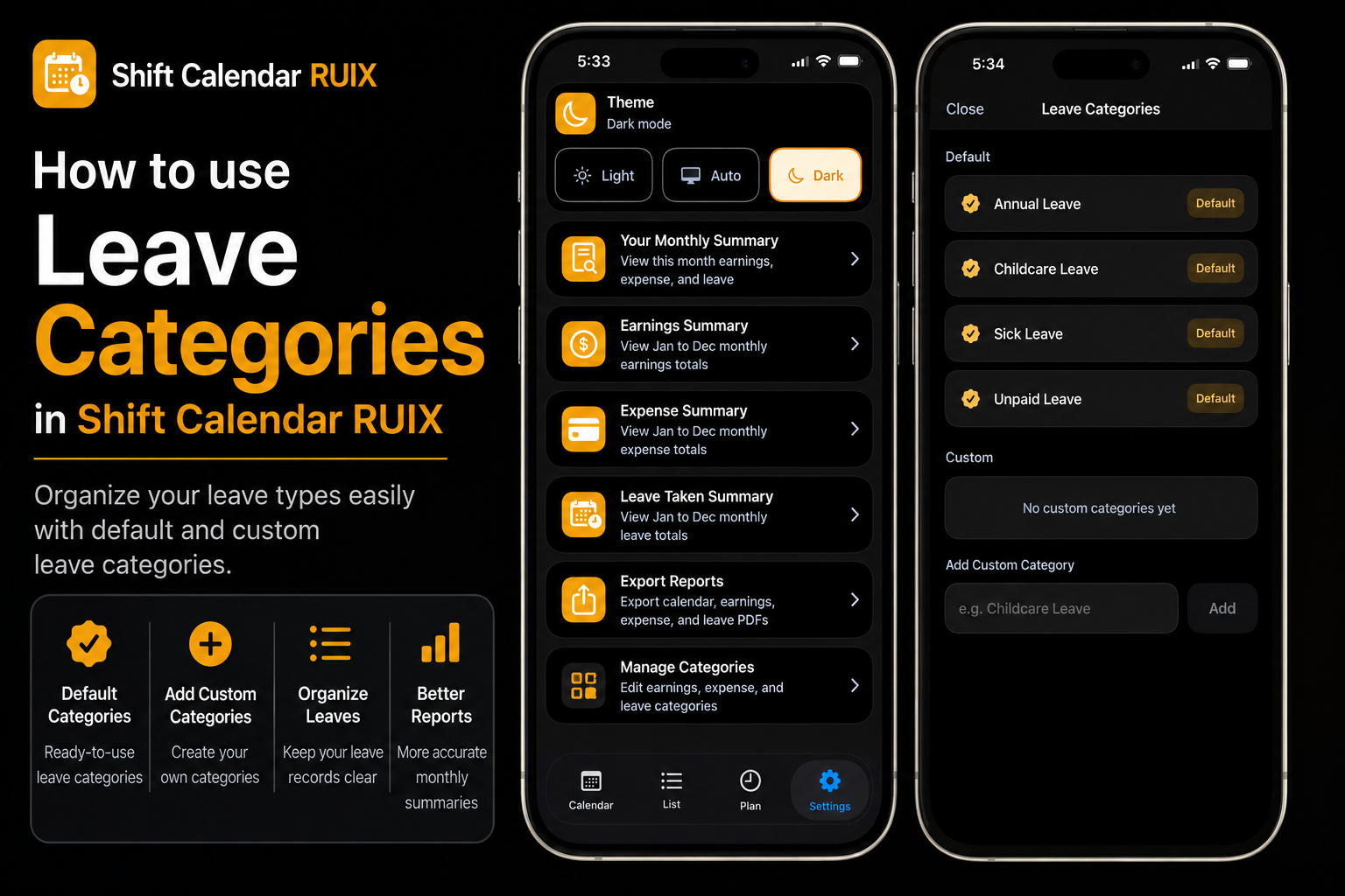 How to use Leave Categories in Shift Calendar RUIX