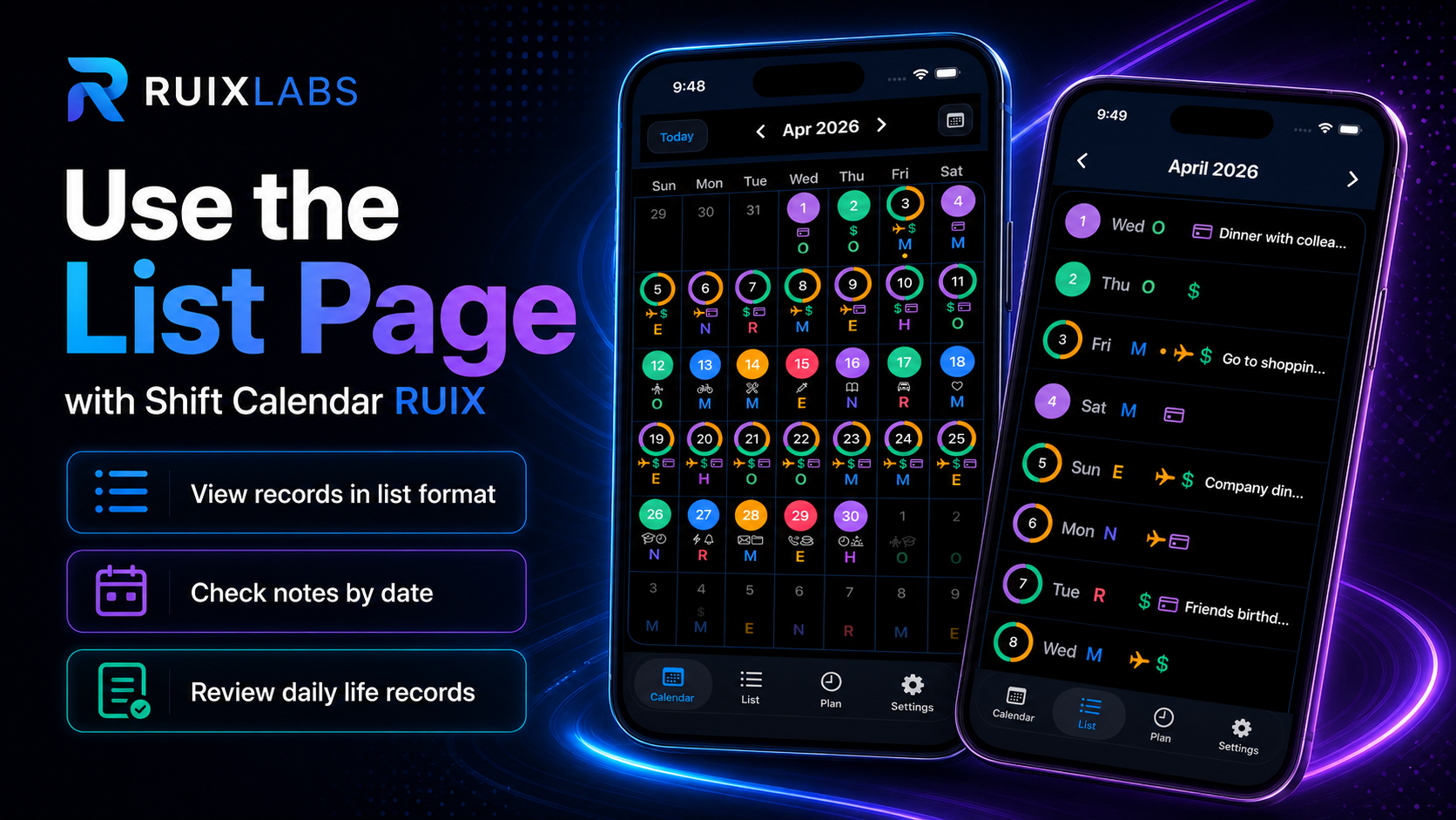 Use the List Page with Shift Calendar RUIX app showing calendar view and list view for daily records.