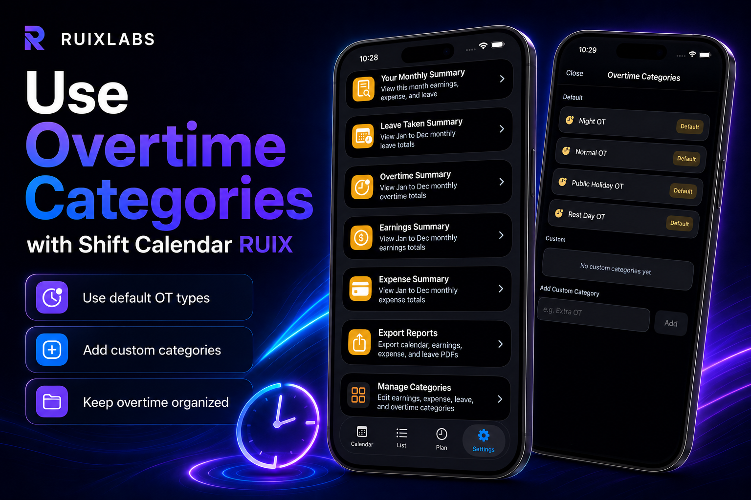 How to use overtime categories in Shift Calendar RUIX settings page and overtime categories screen