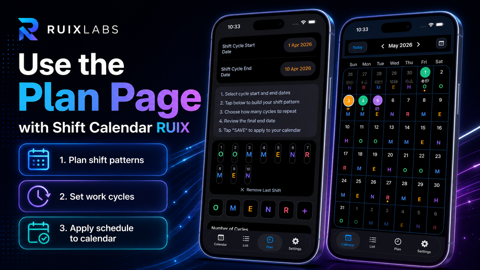 Use the Plan Page with Shift Calendar RUIX app showing shift cycle planning and calendar schedule view.