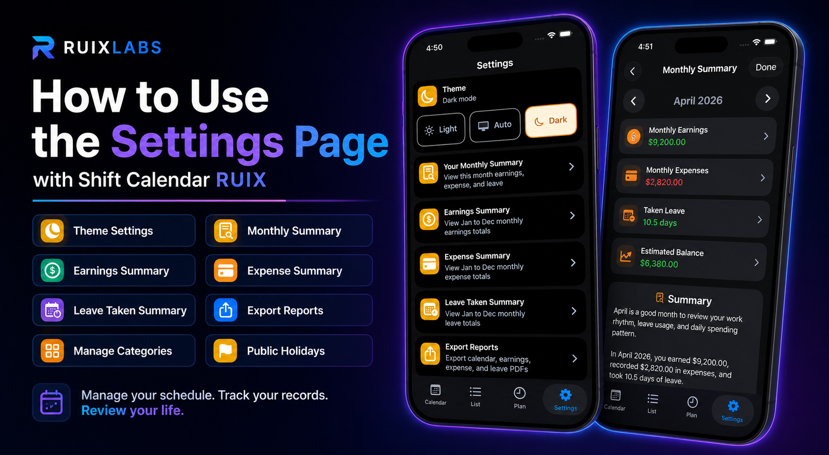 Use the Settings Page with Shift Calendar RUIX app showing theme settings, summaries, reports, categories, and public holidays.
