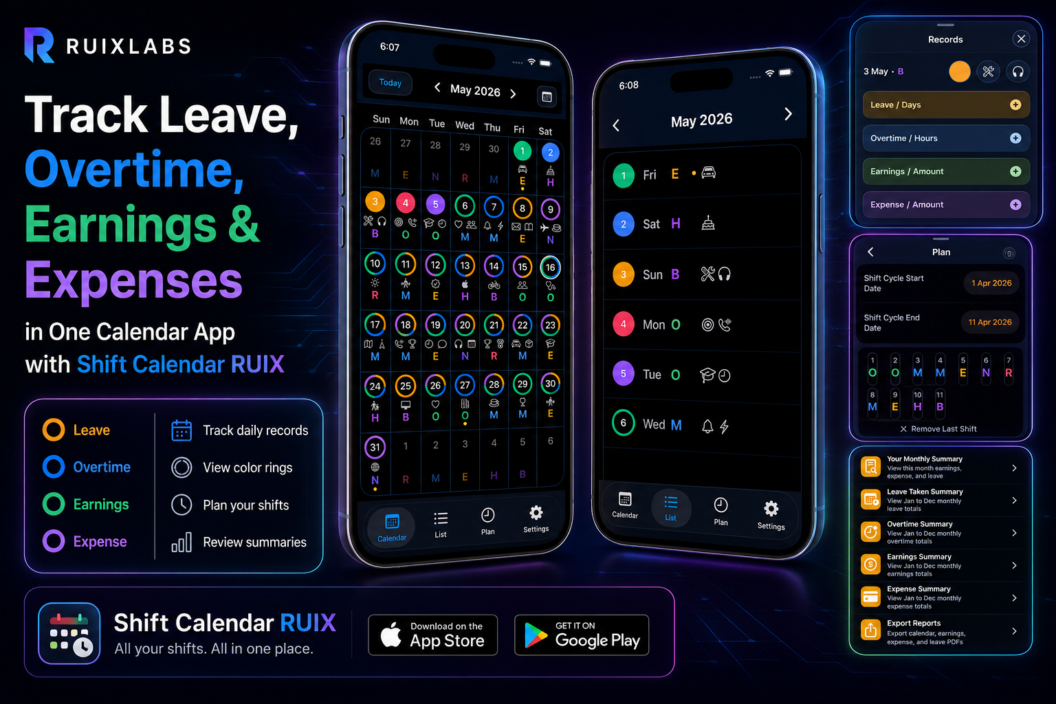 Shift Calendar RUIX app showing leave, overtime, earnings, and expense tracking in one calendar app