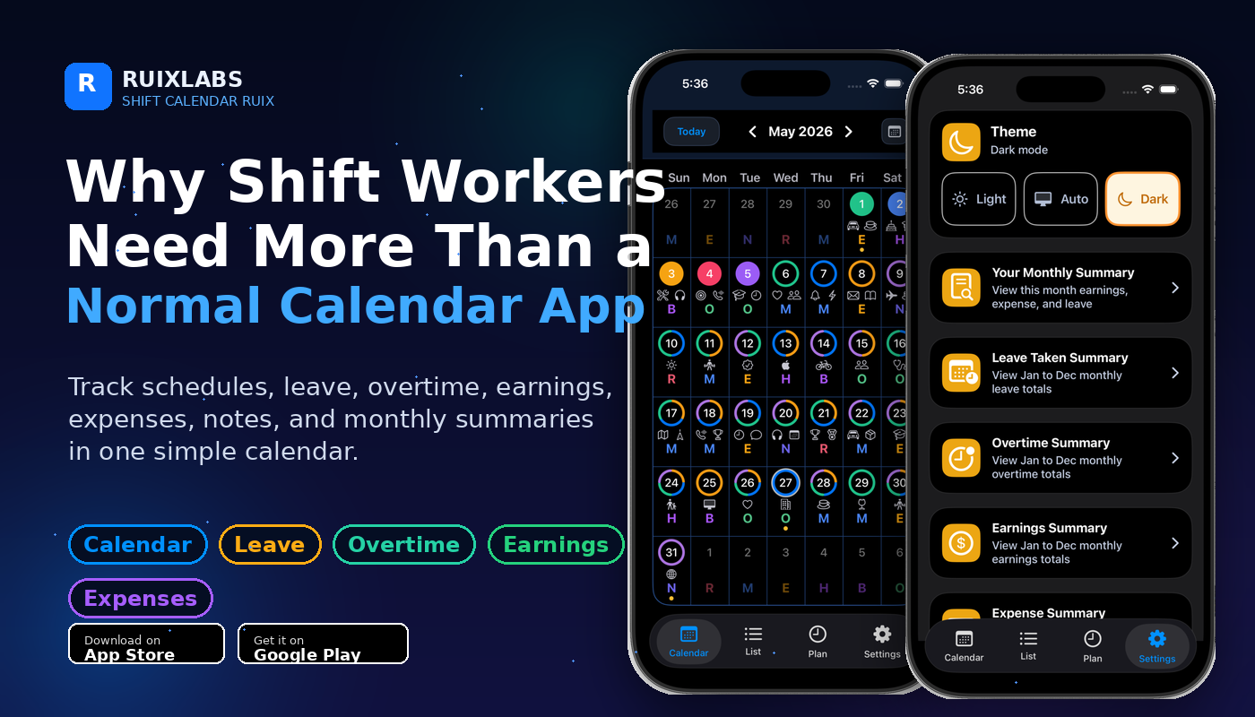 Shift Calendar RUIX app showing calendar view and settings summary page for shift workers.