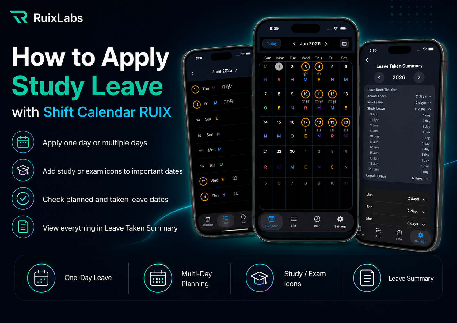 How to apply study leave with Shift Calendar RUIX, including one-day leave, multiple-day planning, study or exam icons, and Leave Taken Summary.