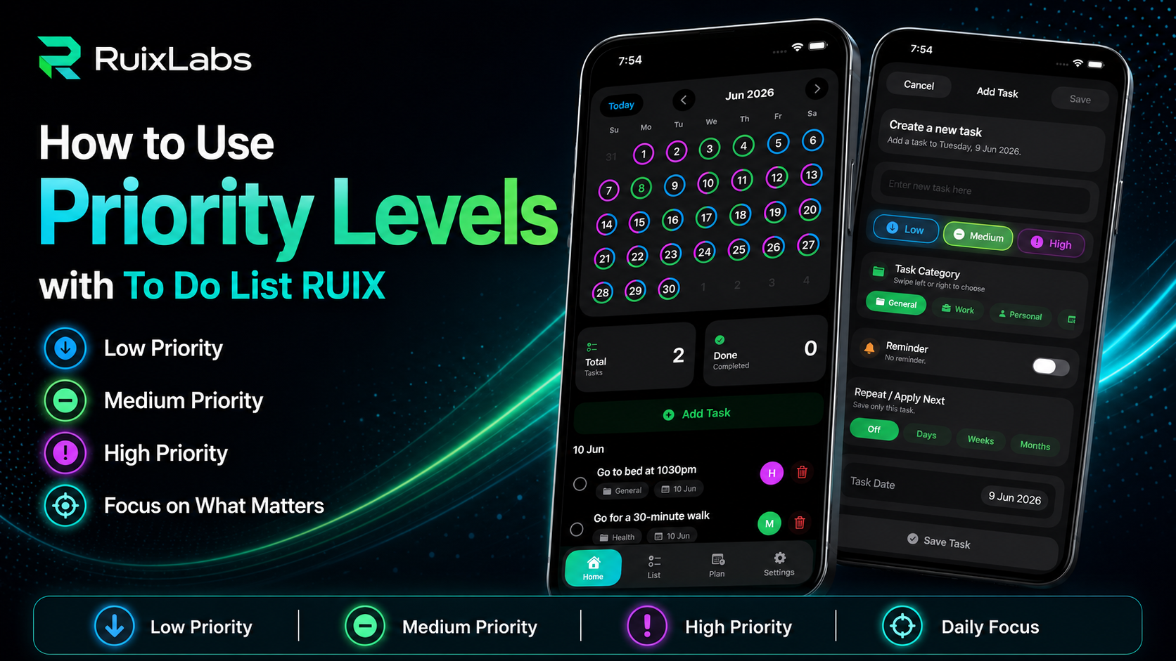 How to use Low Medium and High priority levels in To Do List RUIX task planner app