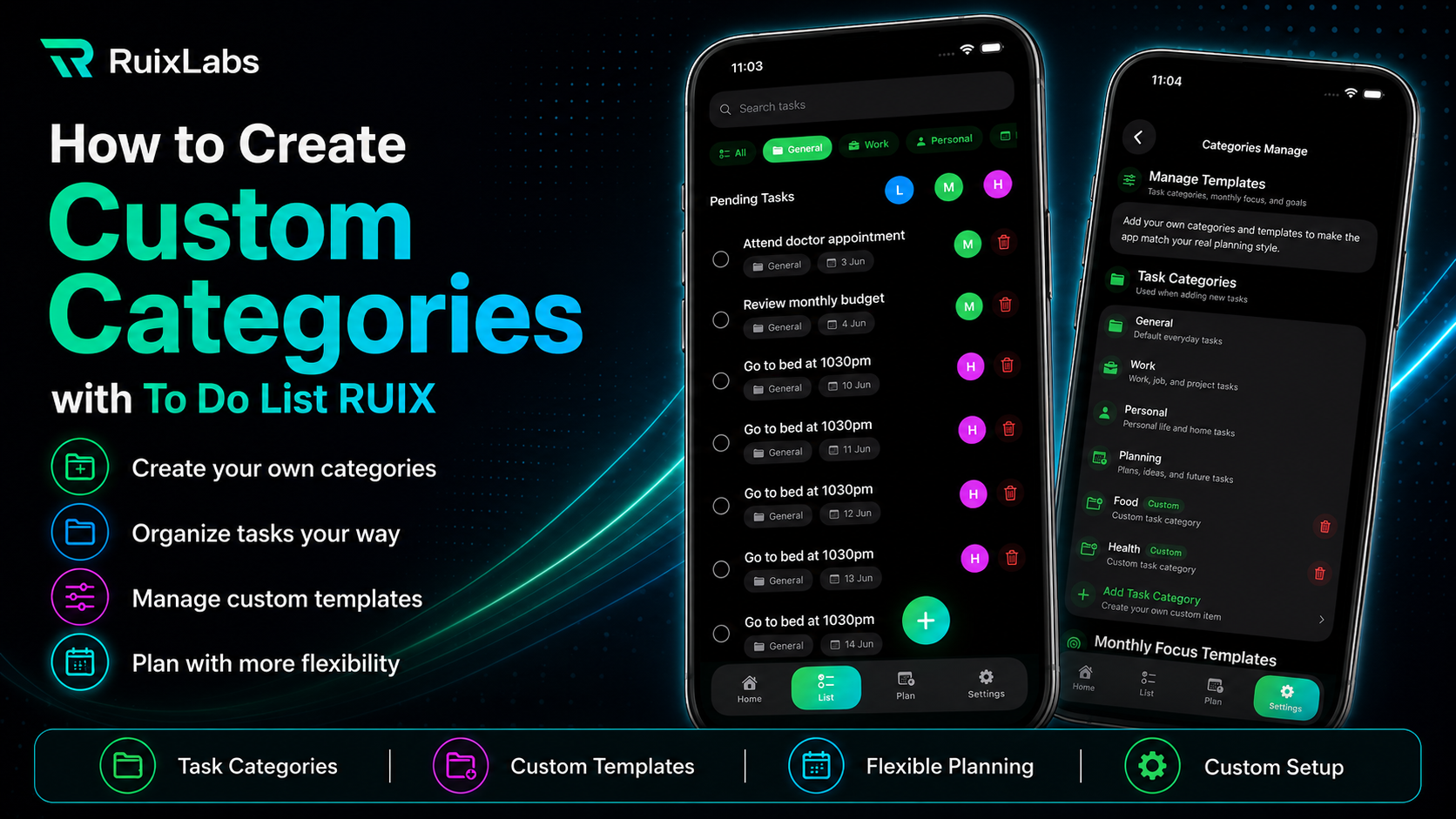 How to create custom categories in To Do List RUIX to organize tasks, manage custom templates, and plan daily tasks more flexibly
