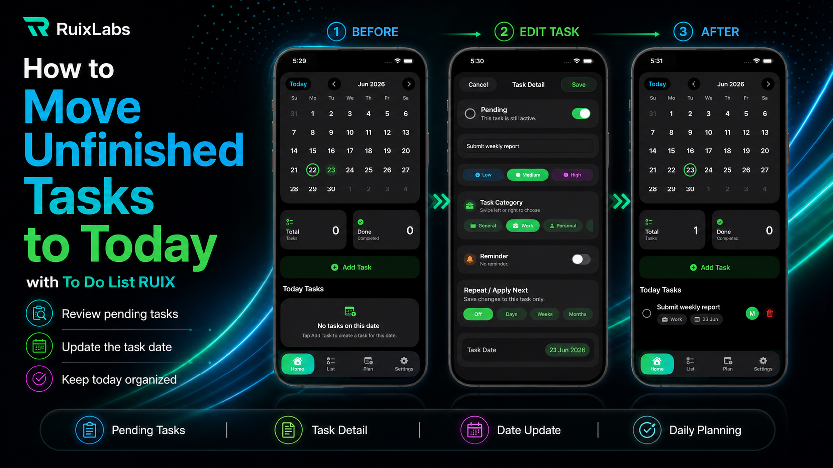 Move unfinished tasks to today in To Do List RUIX task planner app