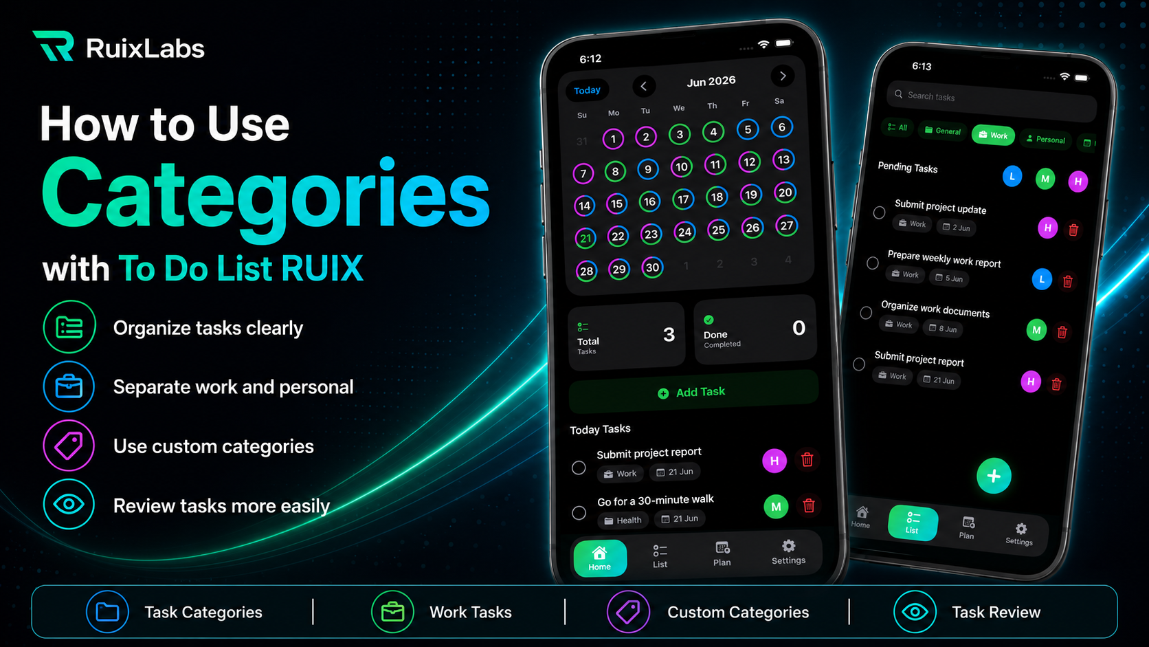 How to use categories in To Do List RUIX to organize tasks clearly by work, personal, custom categories, and task review