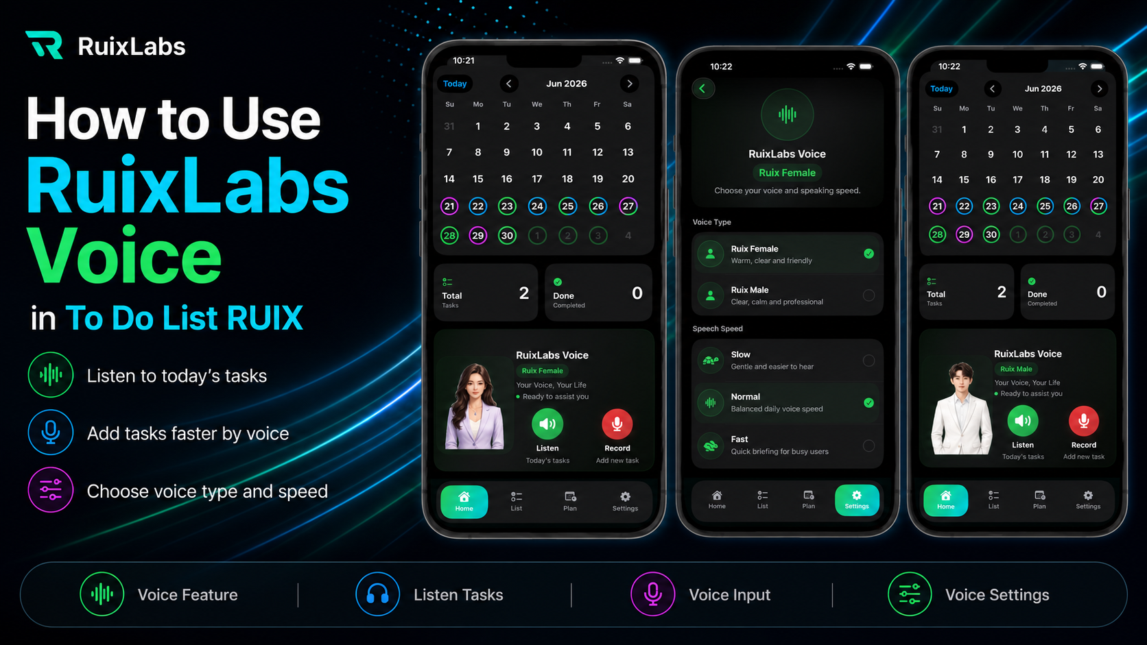 To Do List RUIX app showing RuixLabs Voice feature for listening to today tasks and adding tasks faster with voice input