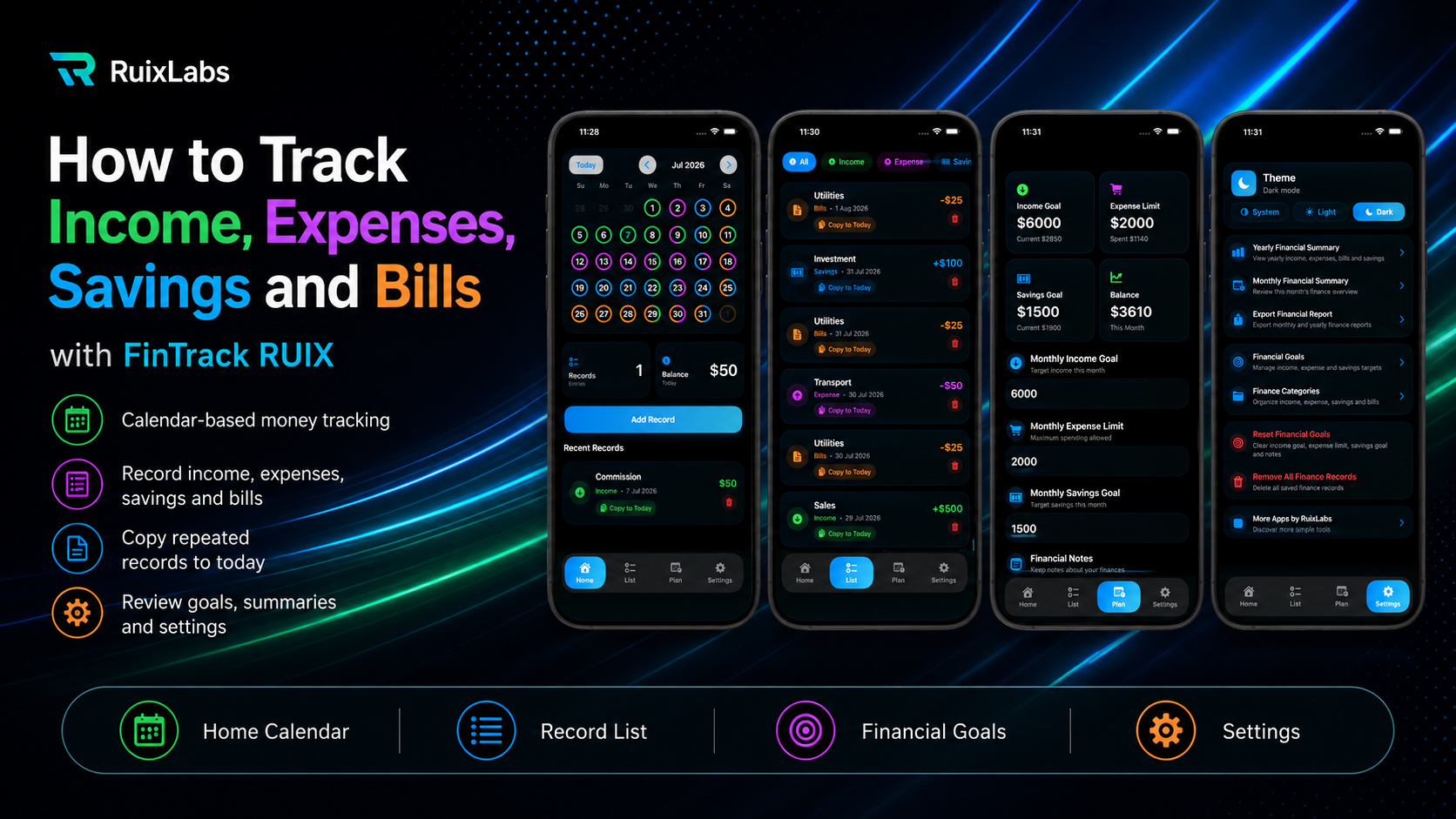How to track income, expenses, savings, and bills with FinTrack RUIX using a calendar-based finance tracker.