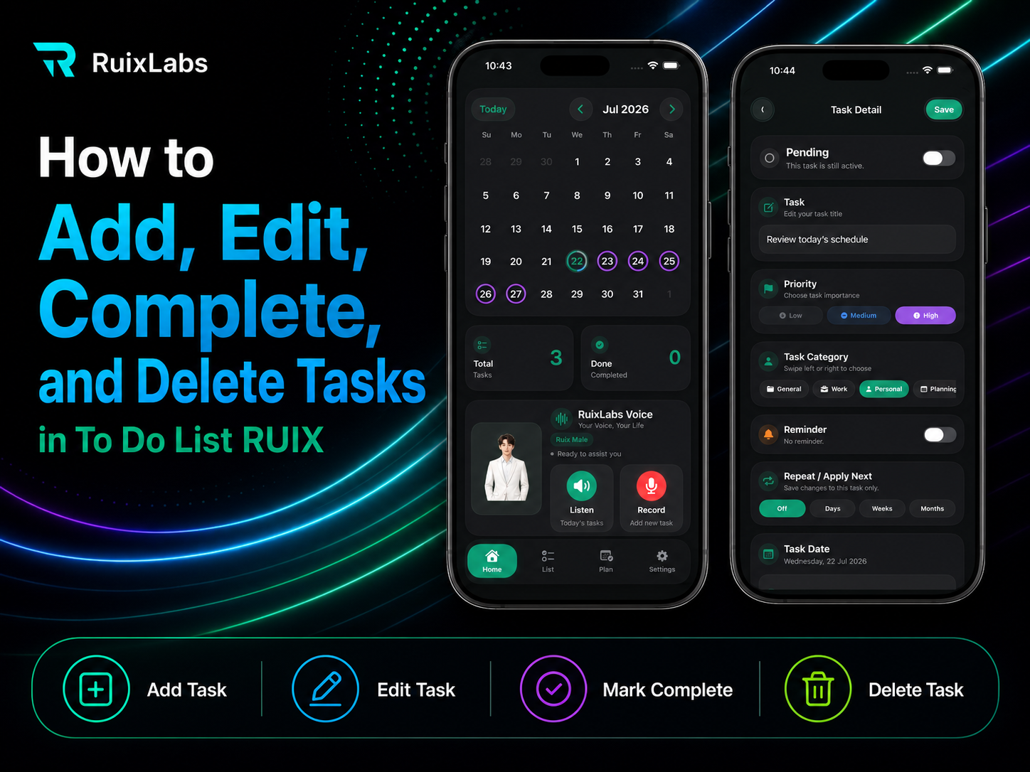 t, complete, and delete tasks in To Do List RUIX