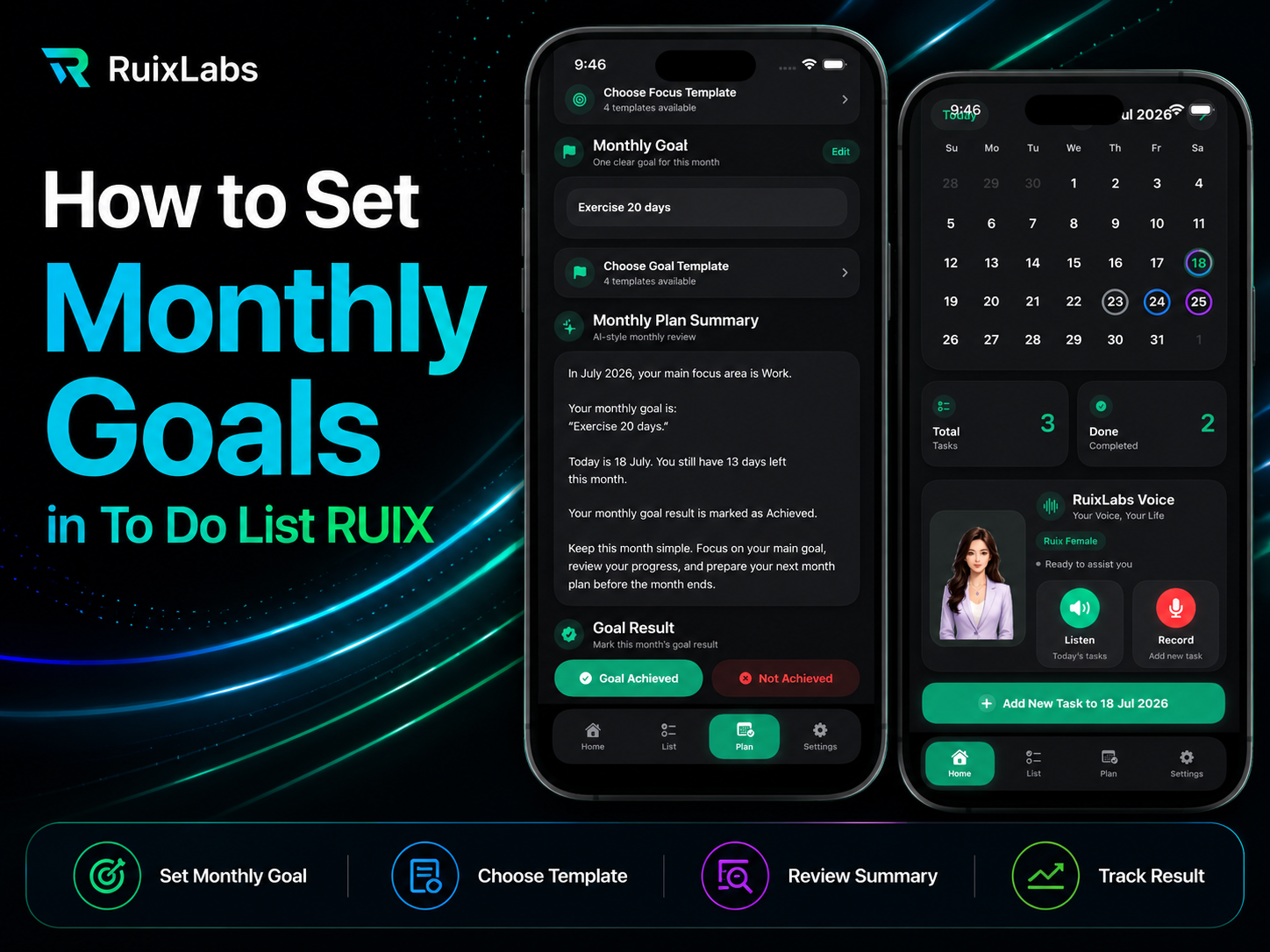 To Do List RUIX Monthly Goals feature showing goal templates, monthly plan summary, goal result tracking, and the app home calendar.